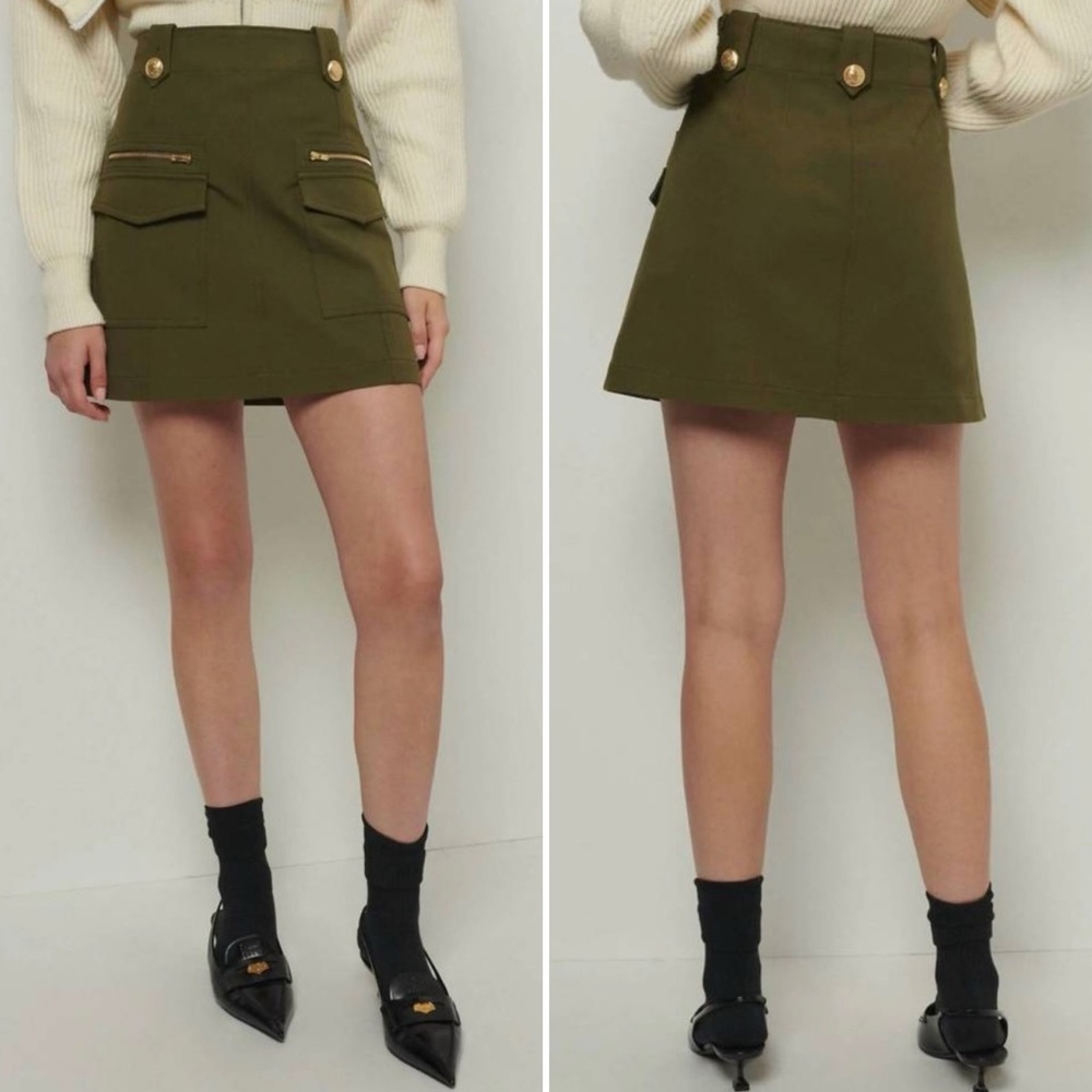 Derek Lam 10 Crosby Trix Gold Buttons High-Waisted Utility Skirt Army Green Sz 4